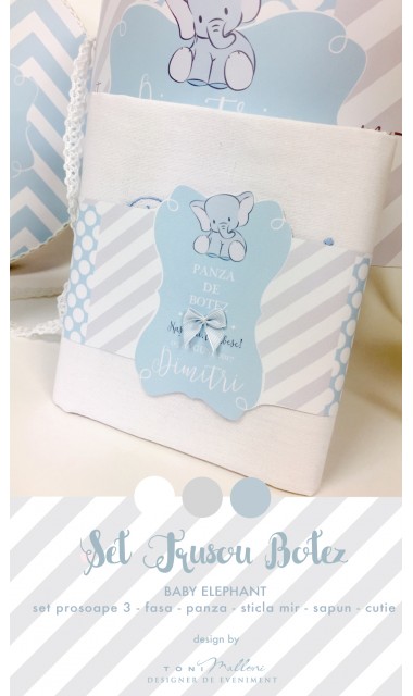 Trusou de botez cu broderie personalizata pentru baieti, Bleu & Grey Elephant 14
